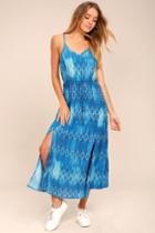 Lulus | Young Sol Blue Print Midi Dress | Size Large | 100% Rayon