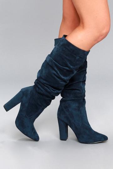 Cape Robbin | Monae Navy Suede Slouchy Knee High Heel Boots | Lulus