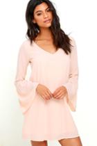 Lulus | Far Wanderings Peach Long Sleeve Shift Dress | Size X-small | Beige | 100% Polyester