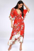 Paradise Island Red Floral Print Wrap Dress | Lulus