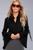Lulus | Estrella Black Long Sleeve Button-up Top | Size Medium | 100% Polyester