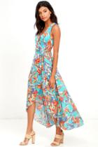 Lulus | Something To Believe In Turquoise Floral Print Wrap Dress | Size X-large | Blue | 100% Polyester
