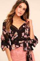 Lulus Blooming Love Blush Pink And Black Floral Print Wrap Top