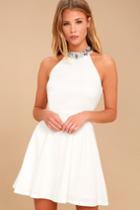 Lulus | Bling Fling White Rhinestone Skater Dress | Size Large | 100% Polyester
