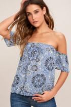 Lulus Romantic Musings Blue Print Off-the-shoulder Top