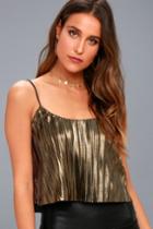 Lulus | Midnight Kiss Black And Gold Pleated Crop Tank Top | Size Small | 100% Polyester