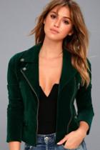 Lulus | Style Icon Forest Green Velvet Moto Jacket | Size Large | 100% Polyester