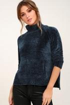 Lost + Wander Maya Teal Blue Chenille Mock Neck Sweater