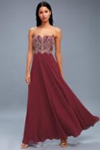 Royal Romance Burgundy Strapless Rhinestone Maxi Dress | Lulus