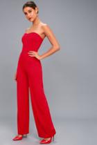Lulus | Edith Red Strapless Jumpsuit | Size Large | 100% Polyester
