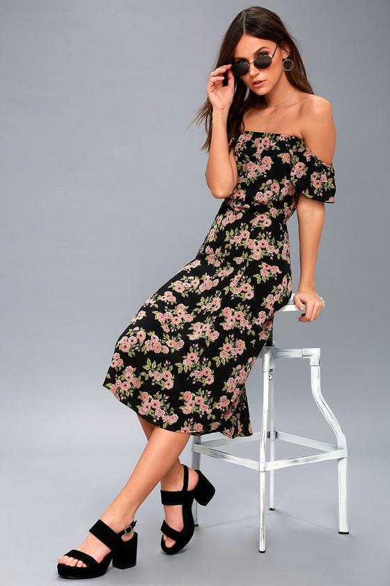 Amuse Society Sweeter Than You Black Floral Print Off-the-shoulder Midi Dress | Lulus