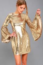 Lulus Beaming Belle Gold Sequin Bell Sleeve Dress