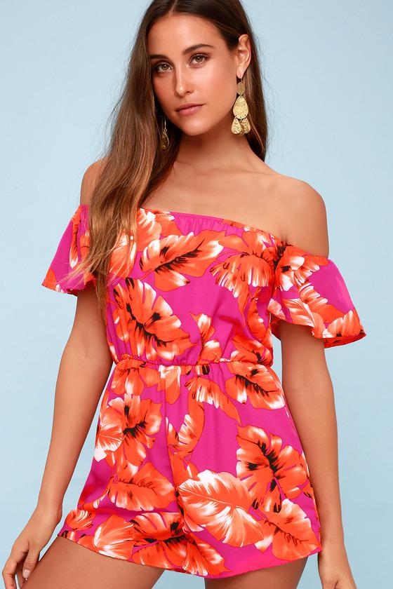 Fore Frond Ambition Fuchsia Leaf Print Off-the-shoulder Romper | Lulus