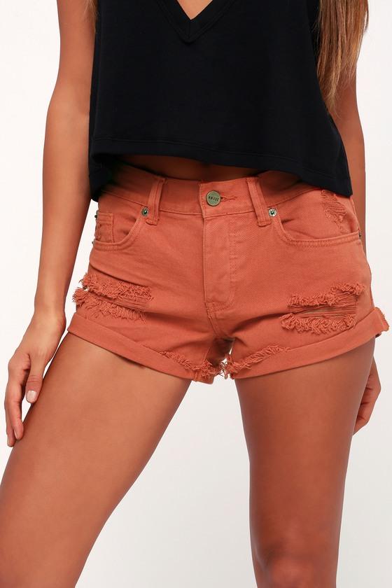 Amuse Society Crossroads Rust Orange Distressed Denim Shorts | Lulus