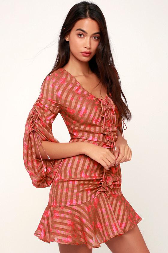 C/meo Significant Rust Brown And Pink Floral Print Ruched Mini Dress | Lulus