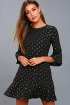 Lulus She's Dot It Going On Gold And Black Polka Dot Dress