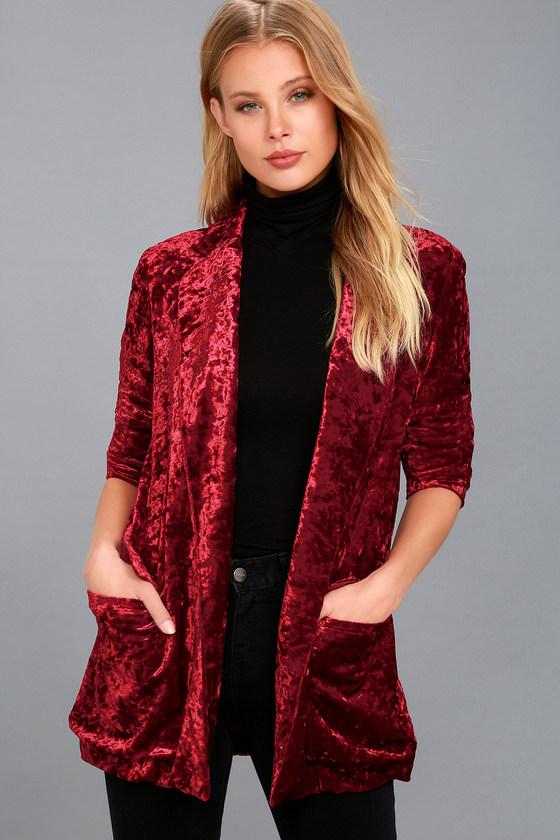 Lulus | Back To Your Heart Wine Red Velvet Blazer | Size Large