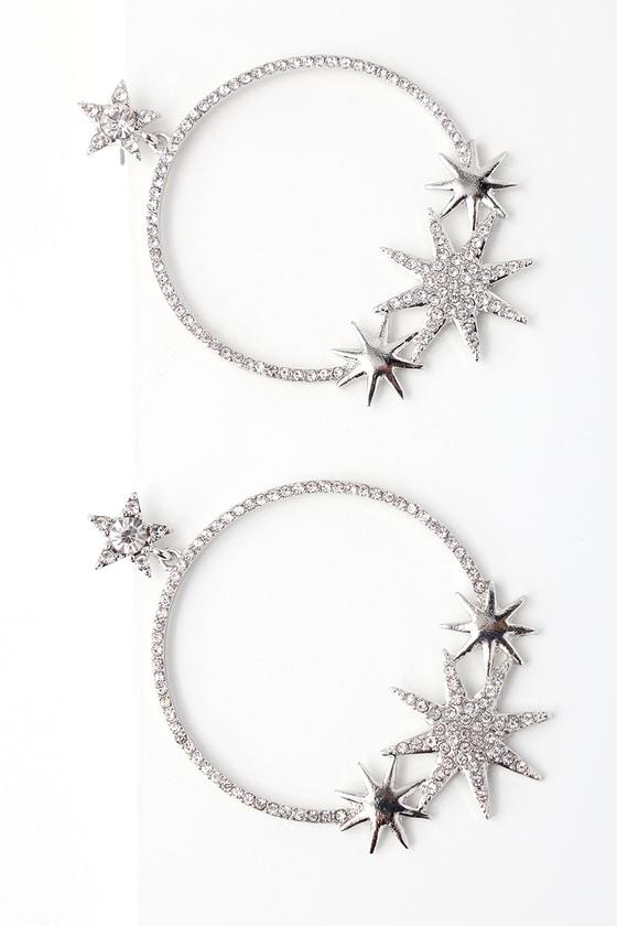 Glow Up Silver Star Rhinestone Hoop Earrings | Lulus