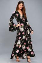 Lulus Floralina Black Floral Print Wrap Maxi Dress