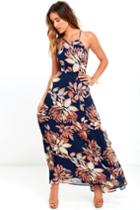 Lulus | Adventure Seeker Navy Blue Floral Print Maxi Dress | Size X-large | 100% Polyester