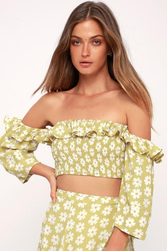Faithfull The Brand Sybil Washed Green Floral Print Off-the-shoulder Crop Top | Lulus