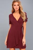 Lulus | My Philosophy Burgundy Wrap Dress | Size Medium | Red | 100% Rayon