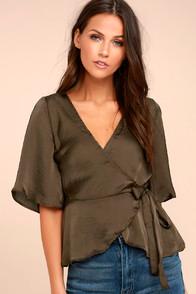 Lulus Heart To Heart Olive Green Satin Wrap Top