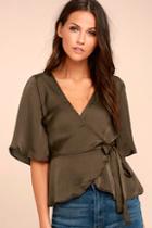 Lulus Heart To Heart Olive Green Satin Wrap Top