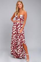 Finders Keepers | Mercurial Burgundy Print Wide Leg Pants | Size X-small | Red | 100% Polyester | Lulus