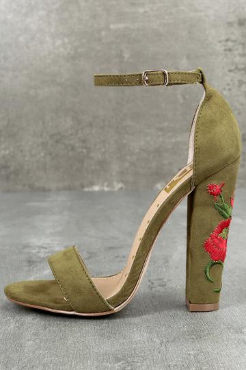 Fahrenheit Adela Olive Suede Embroidered Ankle Strap Heels | Lulus