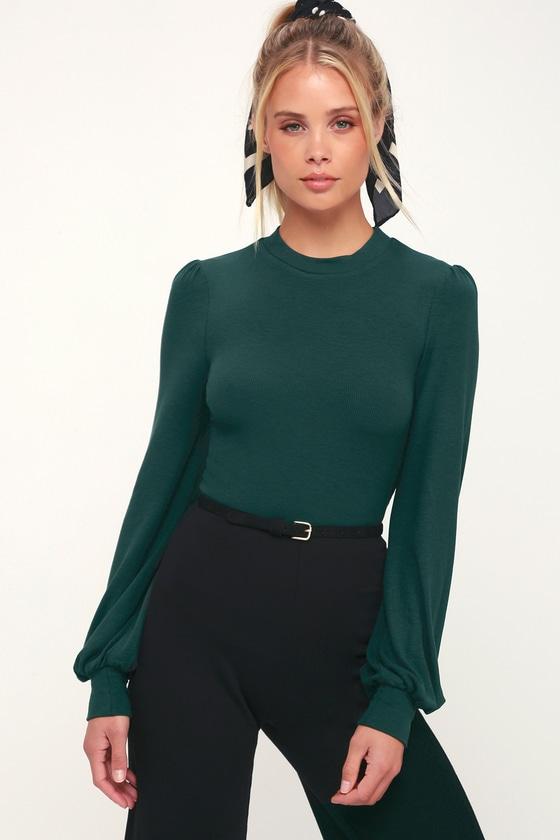 Irene Forest Green Ribbed Balloon Sleeve Top | Lulus