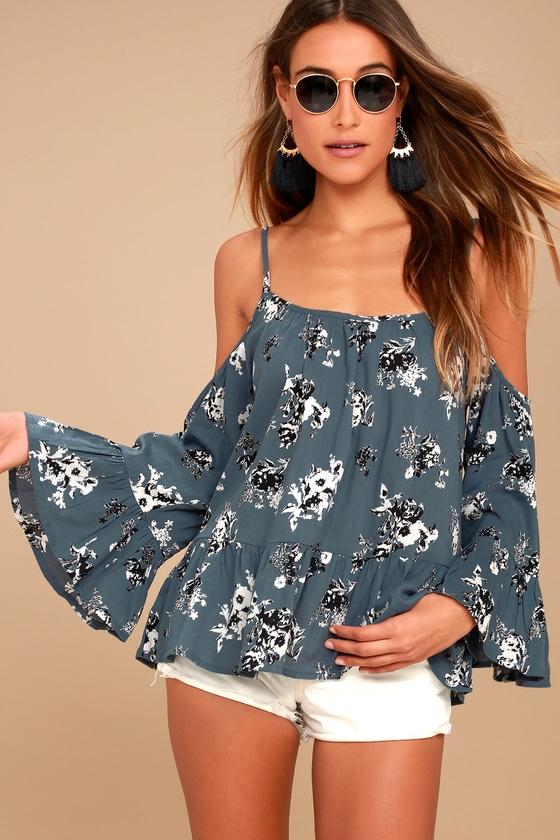 Sunup To Sundown Slate Blue Floral Print Off-the-shoulder Top | Lulus
