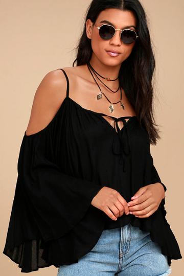 Lulus | Thought-provoking Black Off-the-shoulder Top | Size Small | 100% Rayon