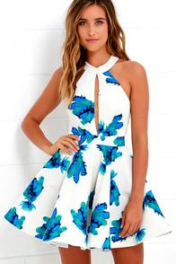 Luxxel Bloom It May Concern Ivory And Blue Floral Print Dress