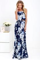 Lulus | Love For Lanai Navy Blue Floral Print Two-piece Maxi Dress | Size X-small | 100% Polyester