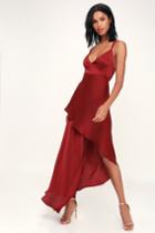 Tjd X Lulus Bora Bora Wine Red Satin High-low Maxi Dress | Lulus