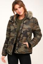 Lulus | Cadet Cutie Army Green Camo Print Faux Fur Puffer Jacket | Size Large | 100% Polyester
