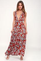 More Flower To Ya Rust Red Floral Print Backless Maxi Dress | Lulus