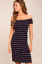 Lulus Perfect Places Navy Blue Striped Off-the-shoulder Bodycon Dress