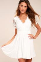 Lulus | Angel In Disguise White Lace Skater Dress | Size X-large | 100% Polyester
