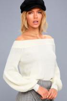 Lulus | Good Going Cream Knit Off-the-shoulder Sweater | Size Small | White