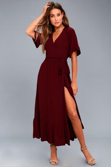 Lucy Love | Enchanted Wine Red Midi Dress | Size X-small | 100% Rayon | Lulus