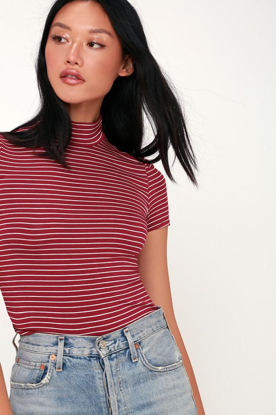 Look Smart Wine Red Striped Mock Neck Top | Lulus