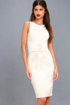 Lulus | Say So White Lace-up Bodycon Midi Dress | Size Large | 100% Polyester