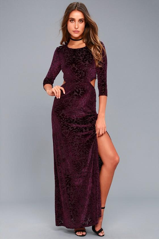 Lulus | Perfect Night Plum Purple Velvet Print Maxi Dress | Size Large | 100% Polyester