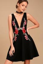 Lulus | Romantic Rose Black Embroidered Skater Dress | Size X-small | 100% Polyester