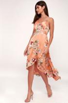 Flor-ish You Well Peach Floral Print Satin High-low Wrap Dress | Lulus