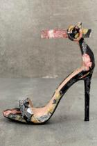 Olivia Jaymes Philomena Black Floral Satin Brocade Ankle Strap Heels