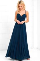 Lulus | Nod And Wink Navy Blue Maxi Dress | Size X-small | 100% Polyester