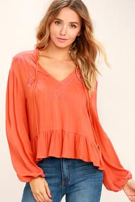 Lulus Island In The Sun Coral Orange Long Sleeve Embroidered Top